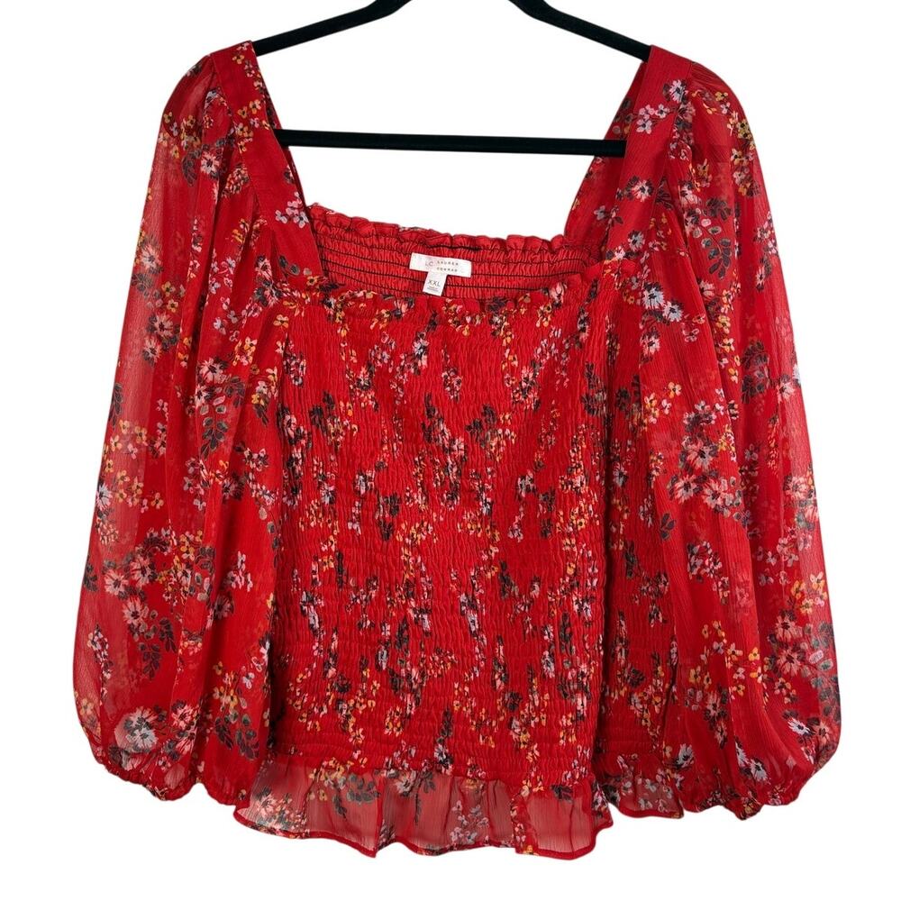 LC Lauren Conrad Red Floral Smocked Blouse Puff Sleeve Square Neck Boho Top XXL